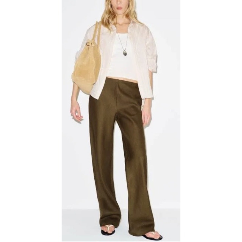 NWT Reformation Gale Linen Mid Rise Wide Leg Pants Dark Olive XS